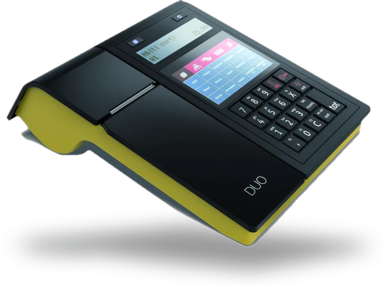 Registratore telematico Olivetti DUO nero e giallo, con tastiera meccanica e schermo touch