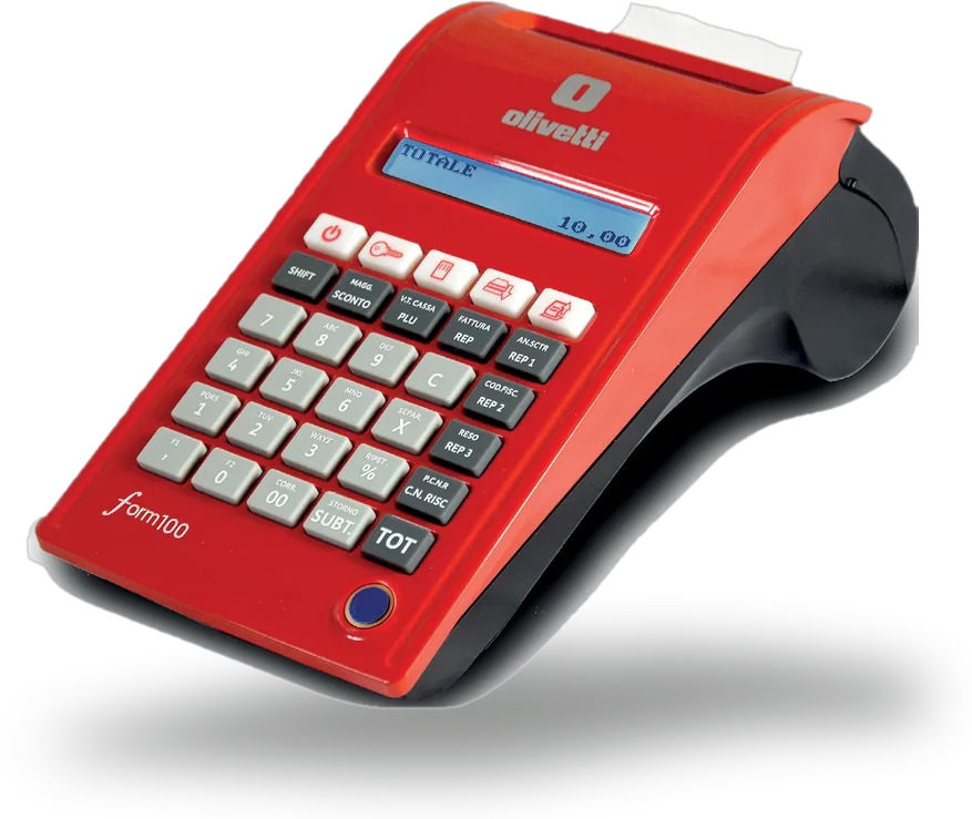 Registratore di cassa Olivetti Form 100, corpo rosso con tastiera siliconica e stampante termica integrata