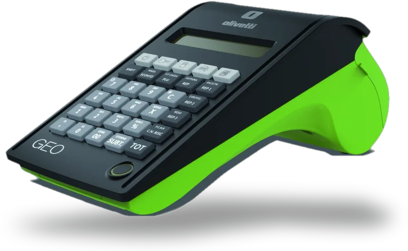 Registratore telematico Olivetti GEO con scocca verde e tastiera siliconica impermeabile