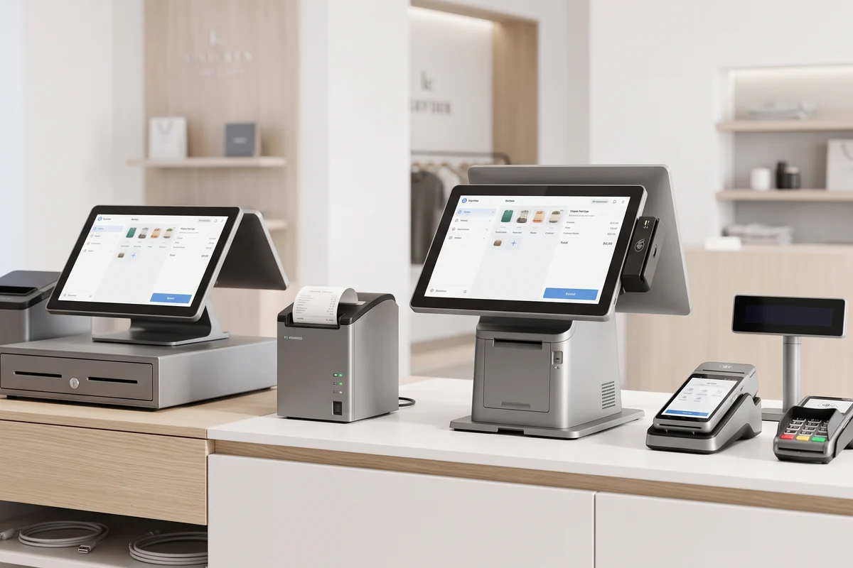 Postazione di cassa completa in negozio: monitor touch, registratore, stampante scontrini e POS